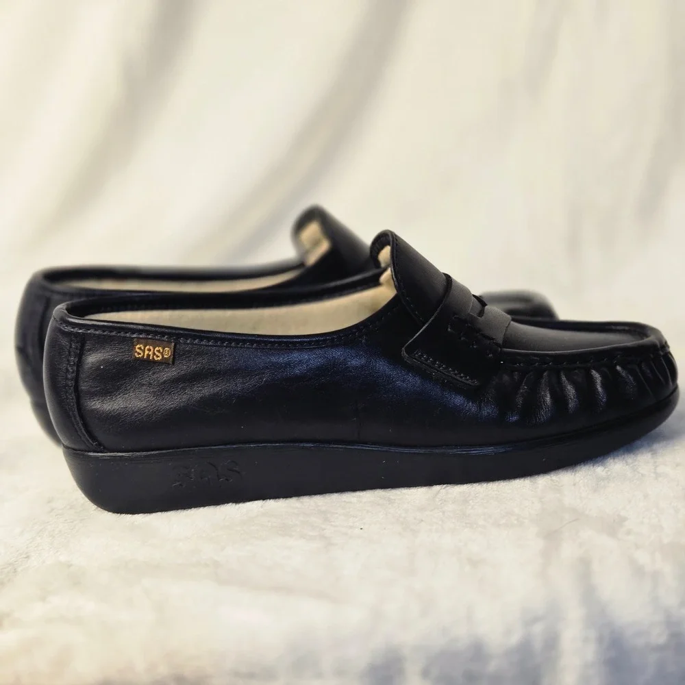SAS Womens Penny Loafers Navy Blue Leather Comfort Walking Shoes Handcrafted